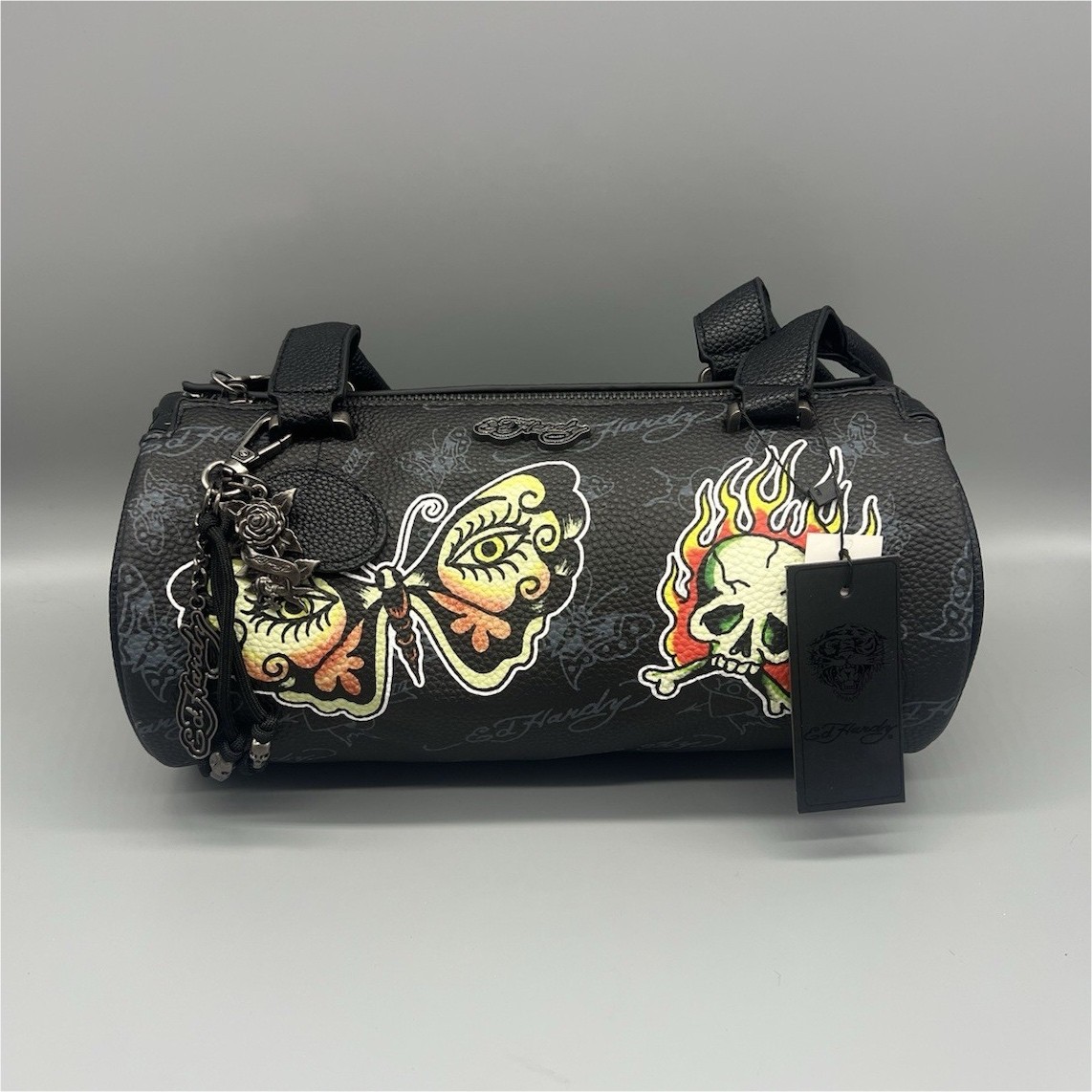 Ed Hardy Black Cylinder Shoulder Bag Zip Closure Skull Butterfly Charm NEW
