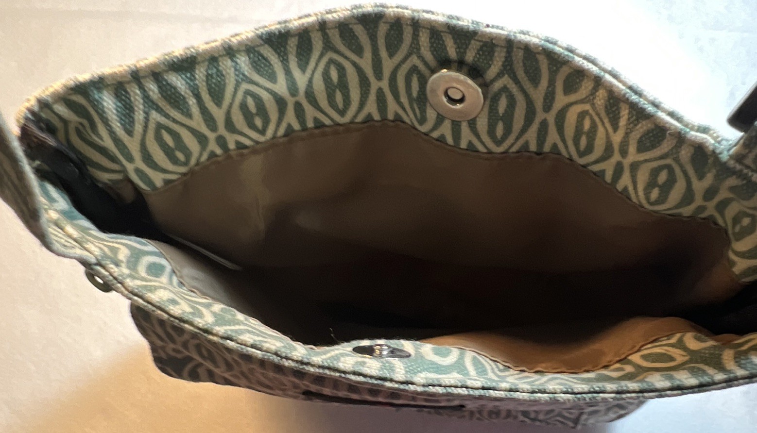 KAVU Geometric Green Beige Crossbody Bag Adjustable Strap Pockets Zip Snap