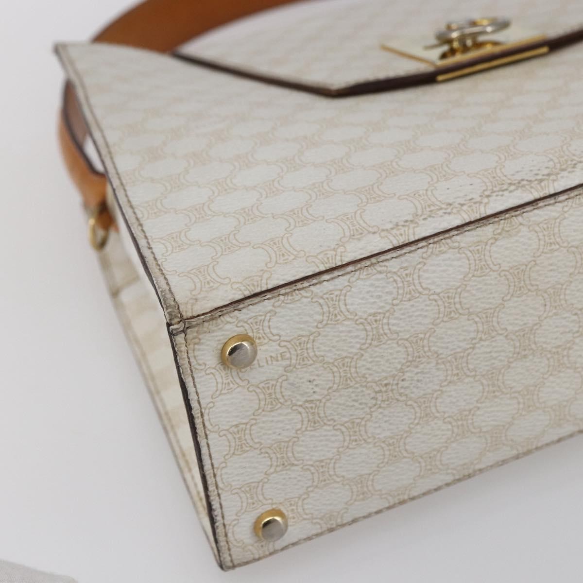 CELINE Macadam Canvas Boston Bag PVC Leather White Gold Auth 151042