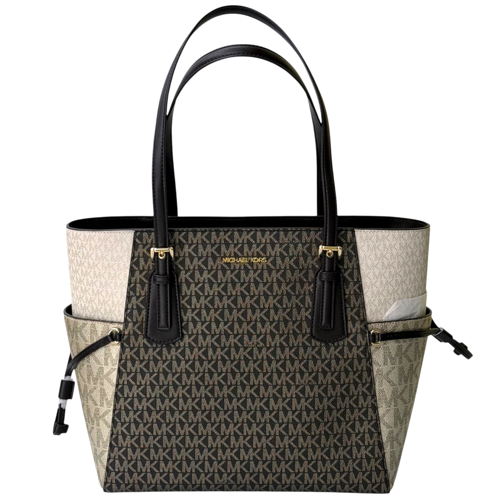 Michael Kors Voyager Large Tote MK Logo Signature Bag + Wallet Set Brown Multi