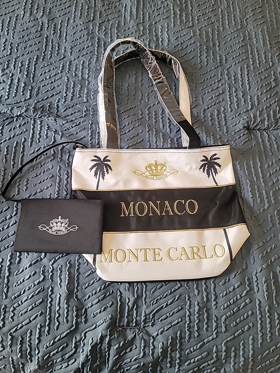 Monaco, Nice, Monte Carlo Black And Beige Large Travel Tote New Palais Princier