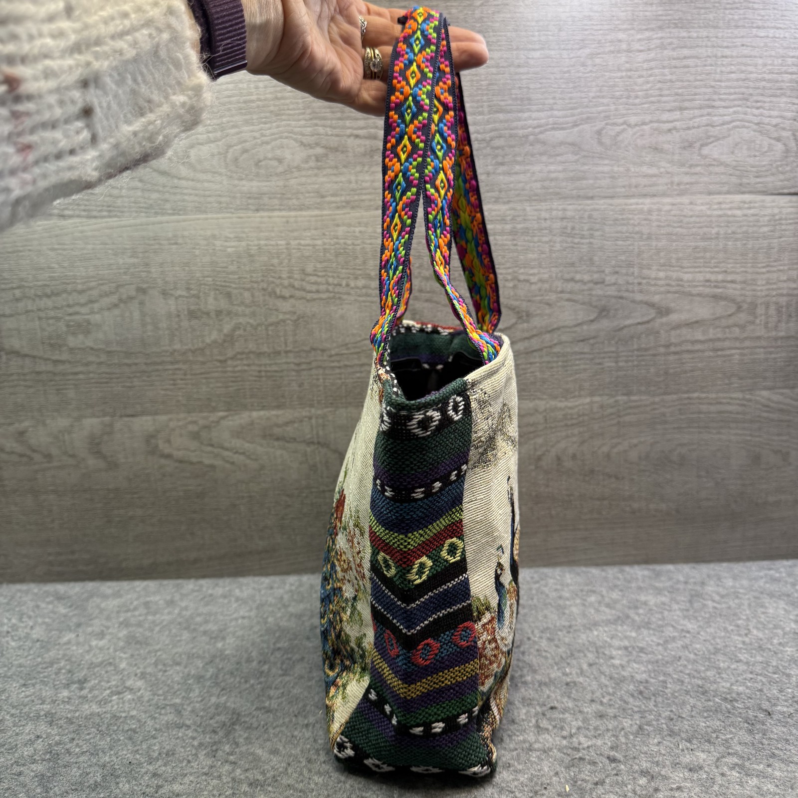 Vibrant Tapestry Tote Bag Women’s Multicolor Peacock Woven Fabric Handbag