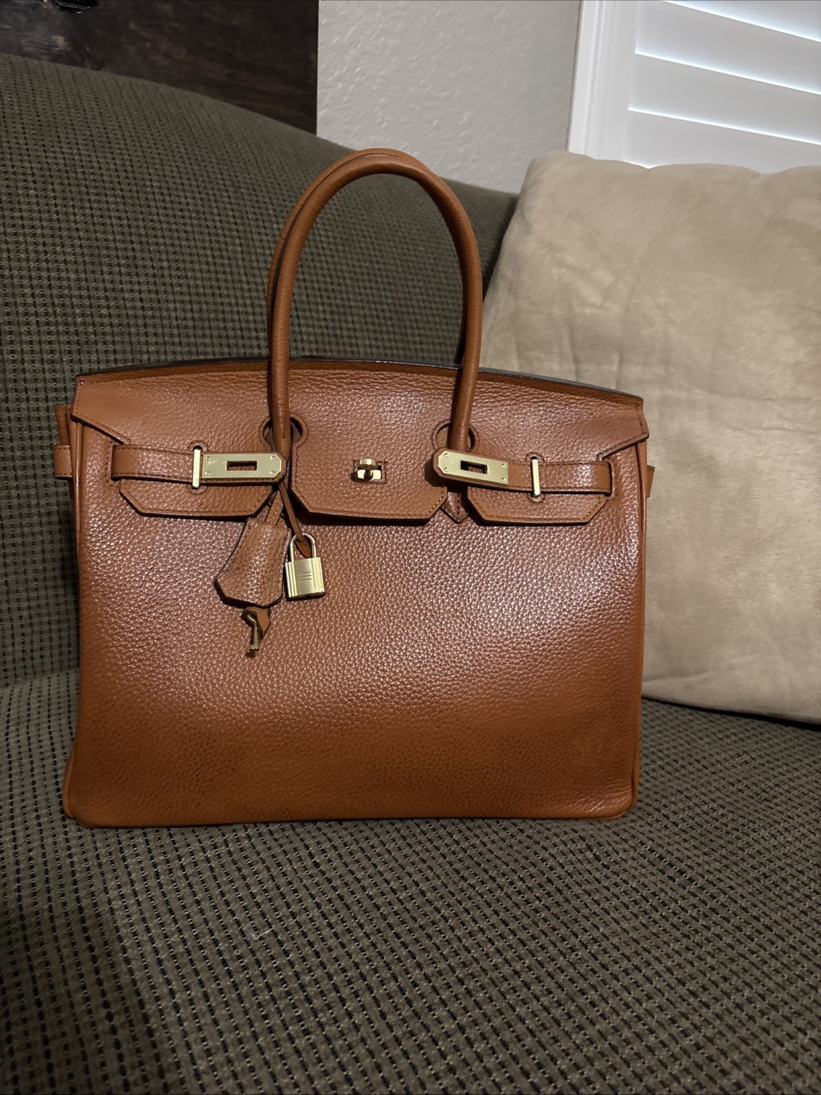 100% Genuine Bonded Leather Structured Satchel Tote Brown Gold Lock Large Bag