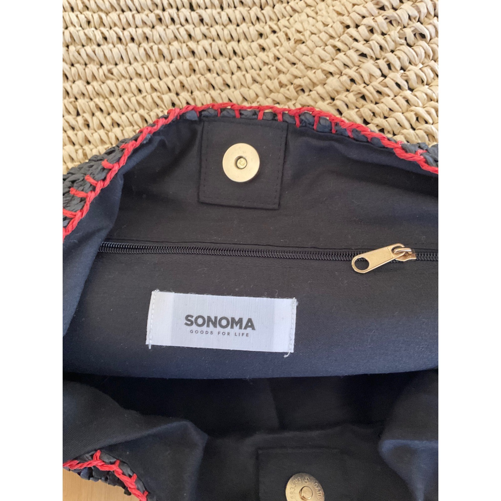 Sonoma Goods For Life Woven Straw Hobo Bag Black Tan Colorblock Red Whipstitch
