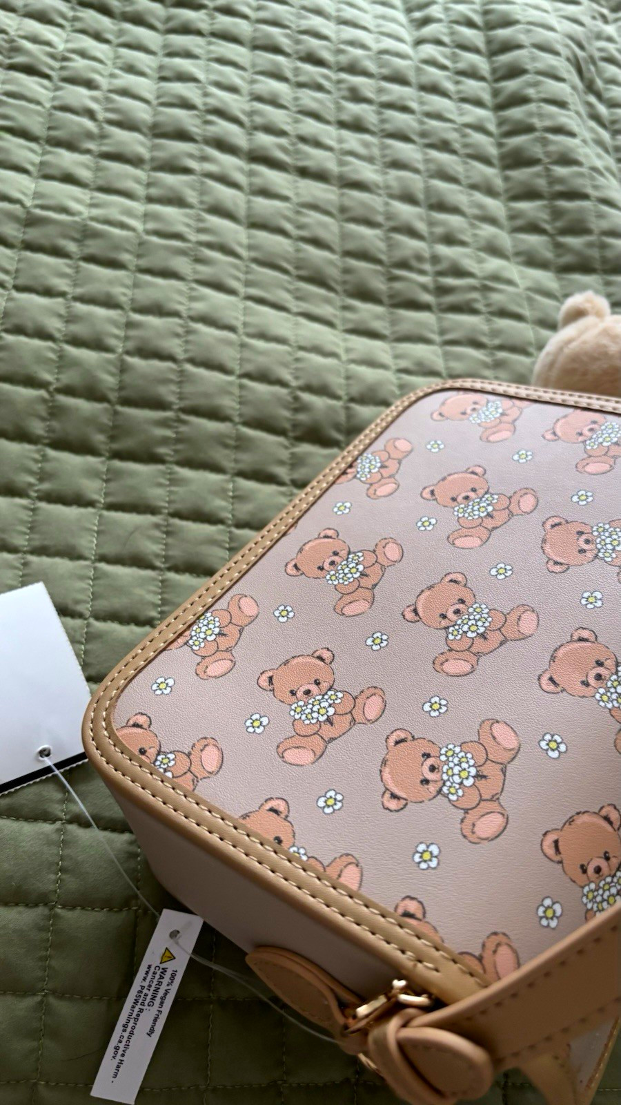 Pink Teddy Bear Print Flap Crossbody Bag Buckle Closure Plush Bear Charm