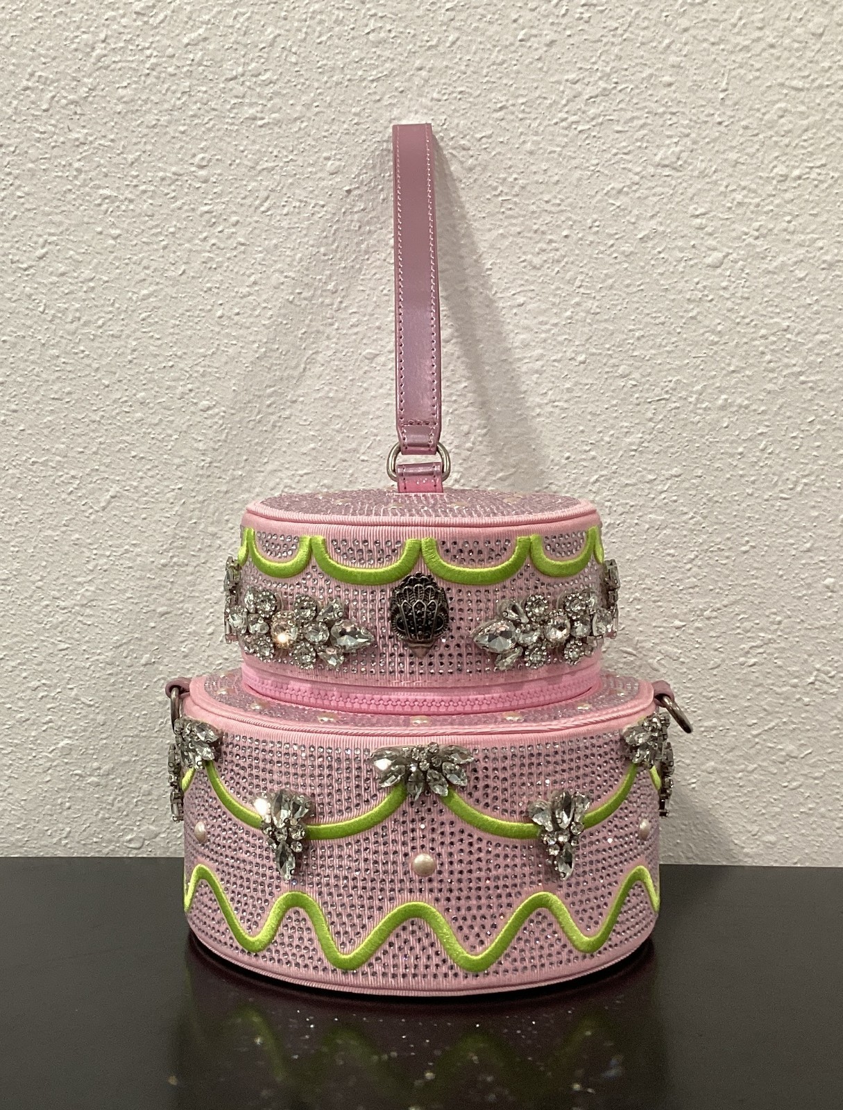 Kurt Geiger Small Cake 6″ x 6.5″ Pink Fabric Crystals Lime Icing Zip Crossbody