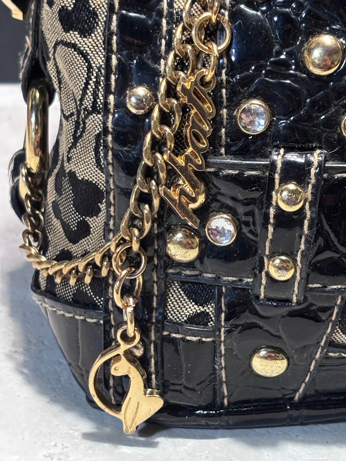 Authentic Baby Phat Feline Leopard Print Satchel Bag Y2K Cat Charm Purse
