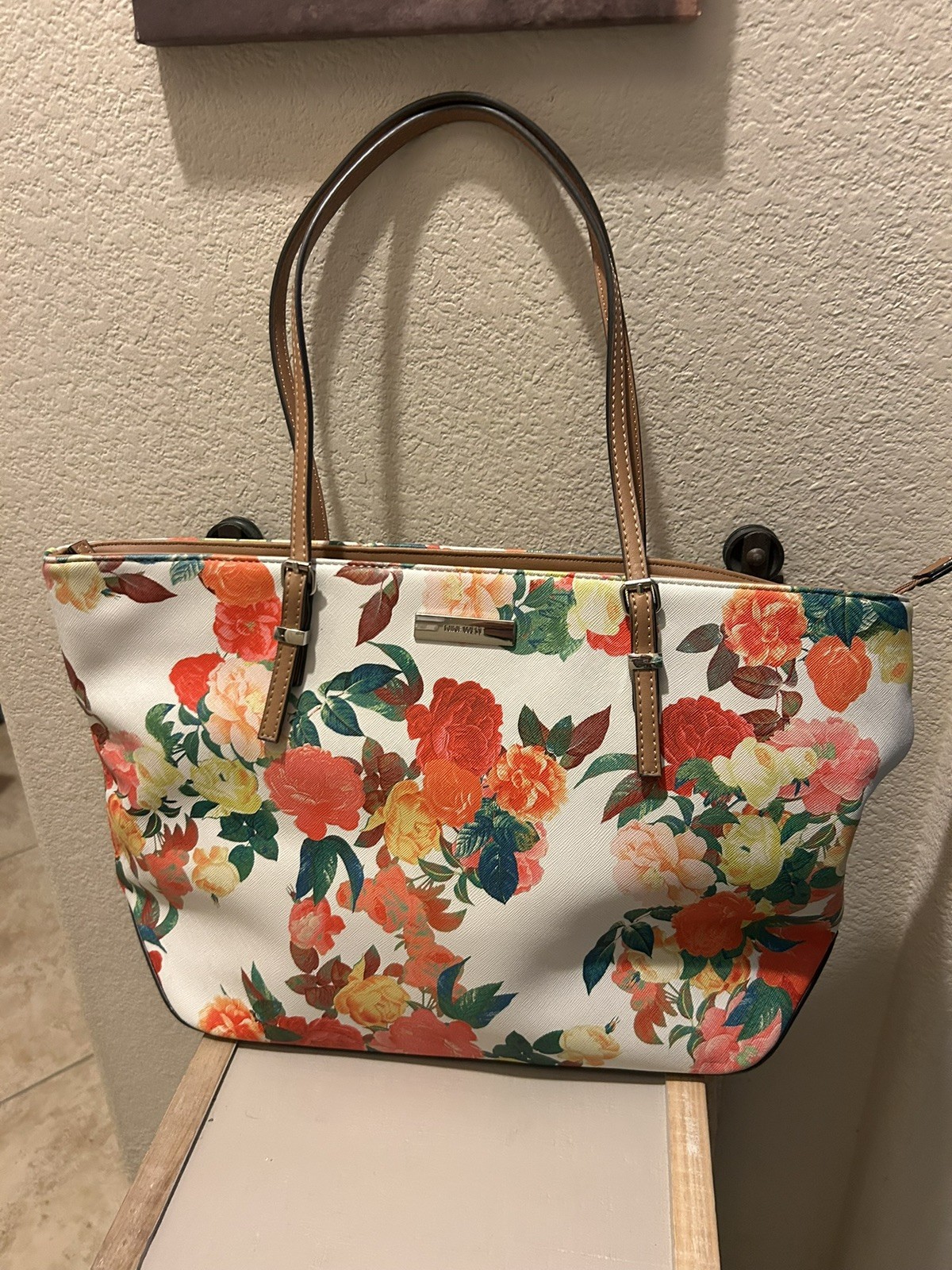 “Nine West White Saffiano Tote Bag, Multicolor Rose watercolor theme