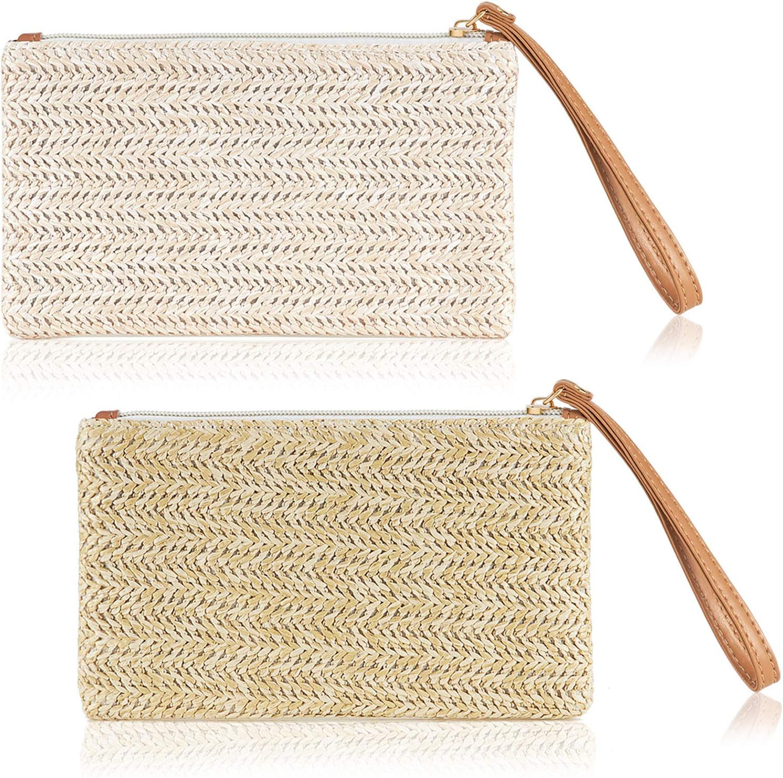 Straw Clutch Purse Bow Knot Wristlet Bag for Women Summer Beach Party Beige