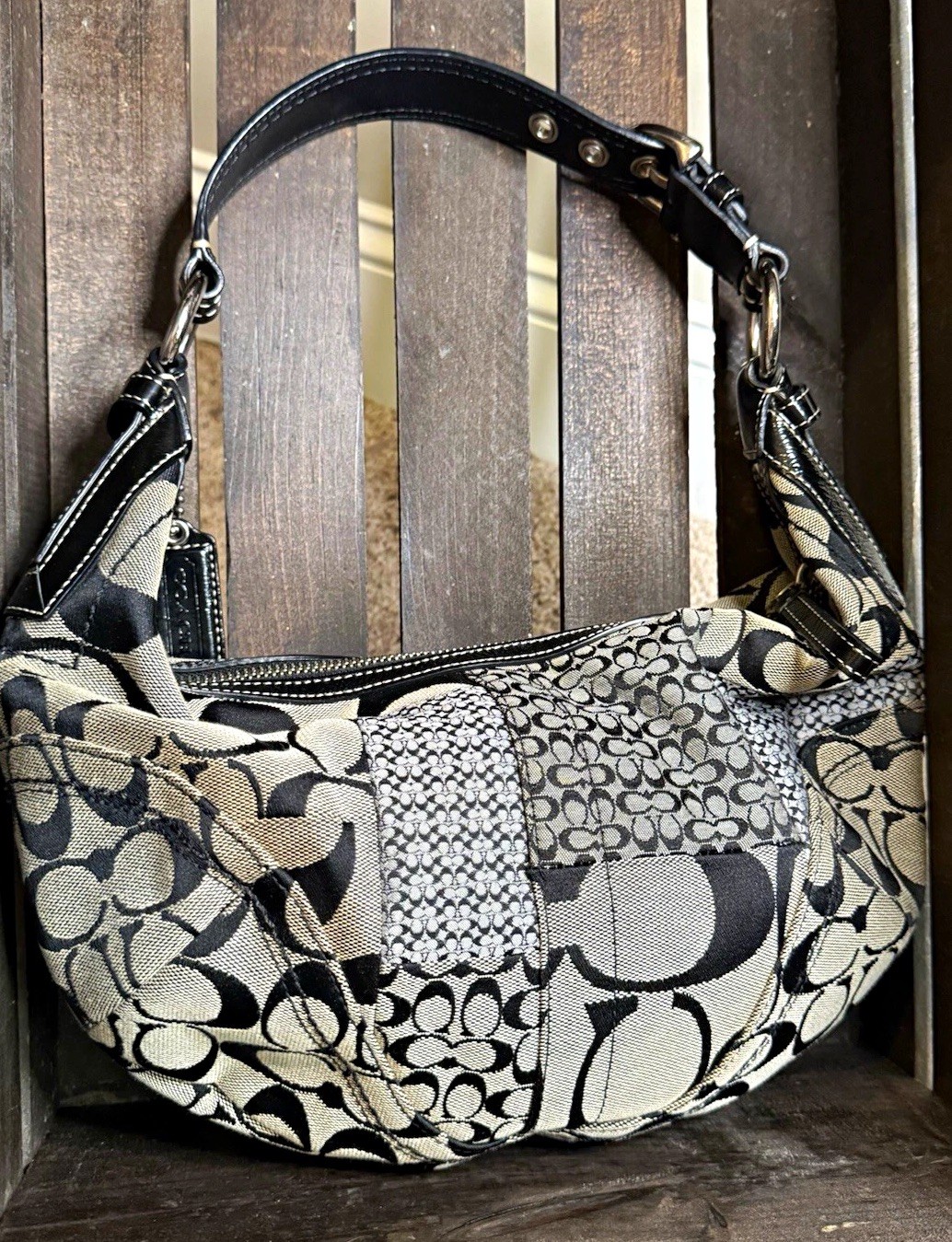 Coach Signature Patchwork Crescent Shoulder Bag Zip Top Black Gray Pink Lining