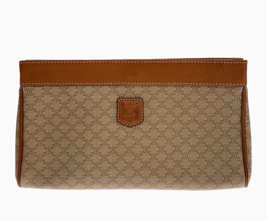 CELINE Macadam Triomphe Clutch Bag Brown PVC Leather Vintage Authentic S0001