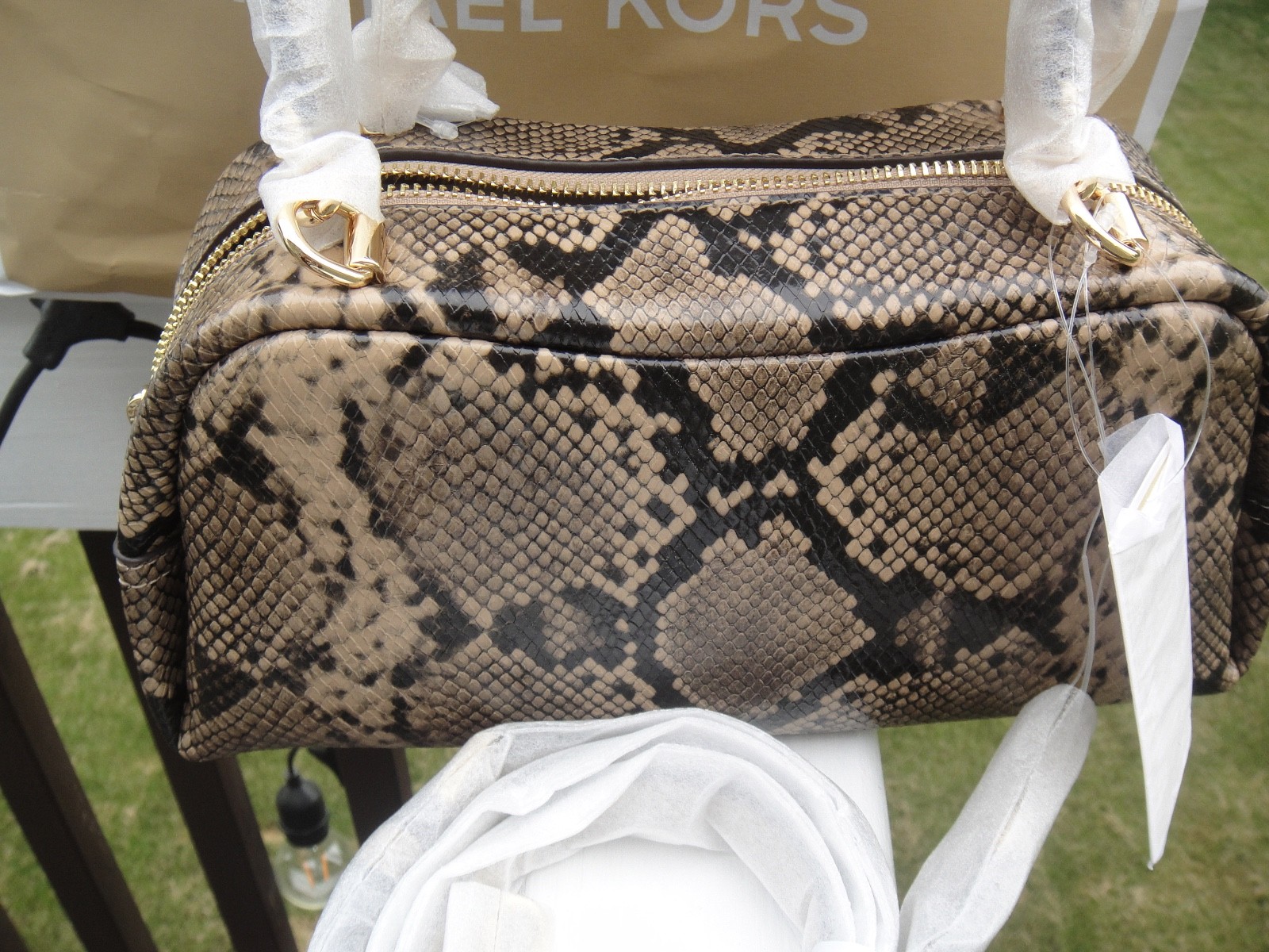 Michael Kors Lady Cecily Small Studded Snake Embossed Shoulder Bag Light Cream