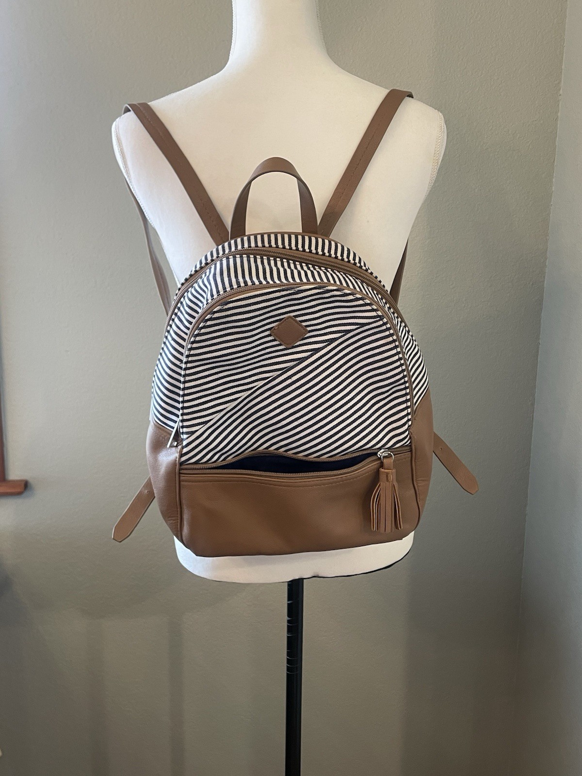 Y2K Mini Backpack Purse Bag Nautical Stripes Tassle Beach Coastal Vacation
