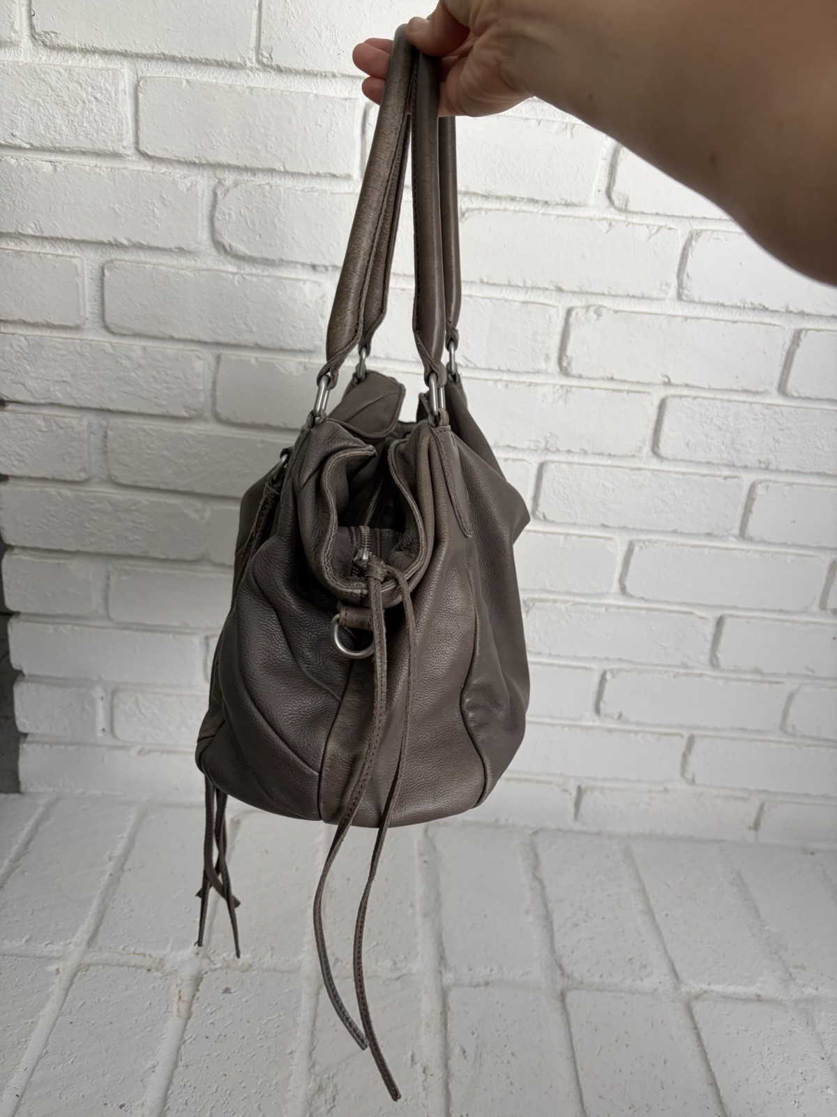 Liebeskind Berlin Gray Pebbled Satchel Top Handle Zip Tassel Silver Hardware