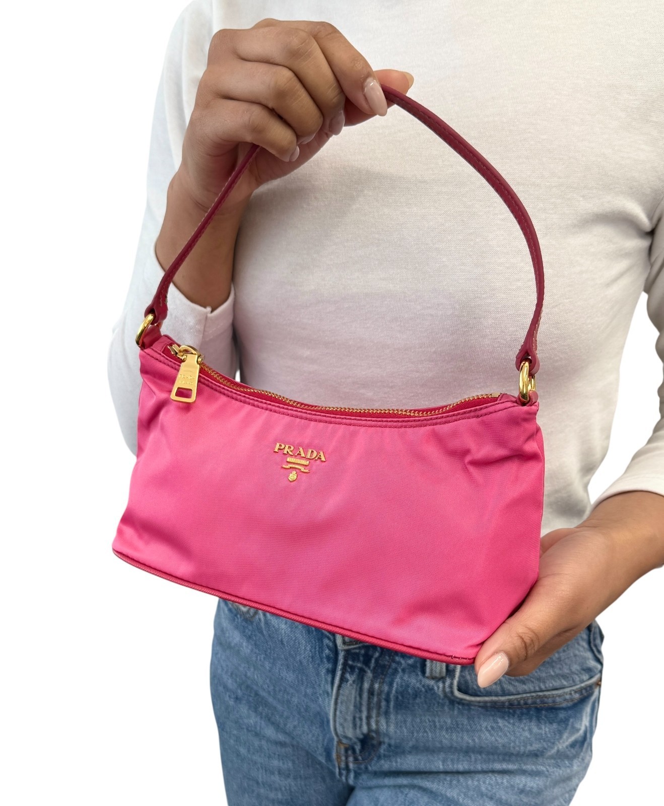 PRADA Vintage Logo Tessuto Nylon Shoulder Mini Bag Pochete Pink Gold