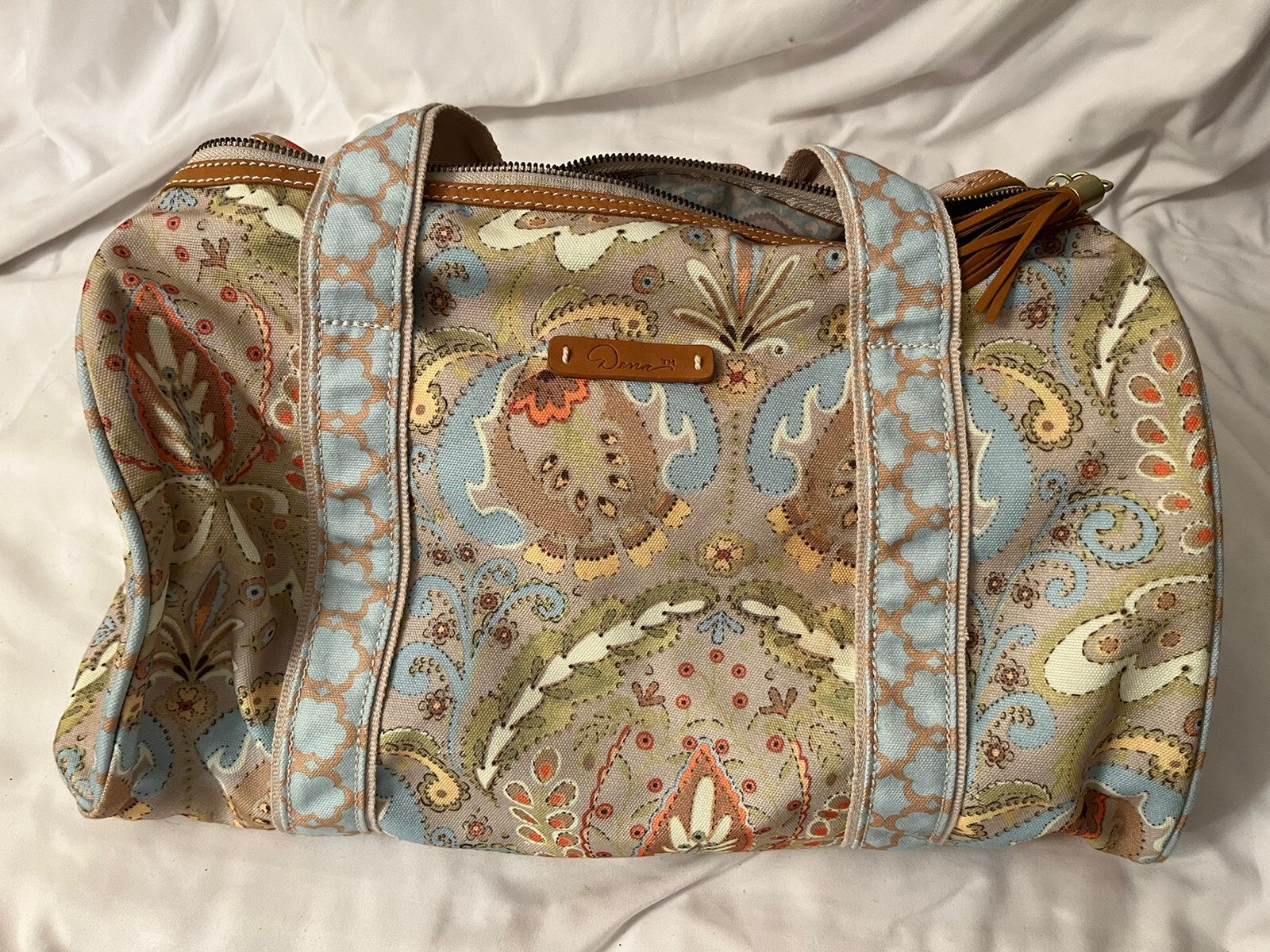 DENA Designs Overnight SHOULDER BAG TOTE & Cosmetic Paisley Floral Travel EUC