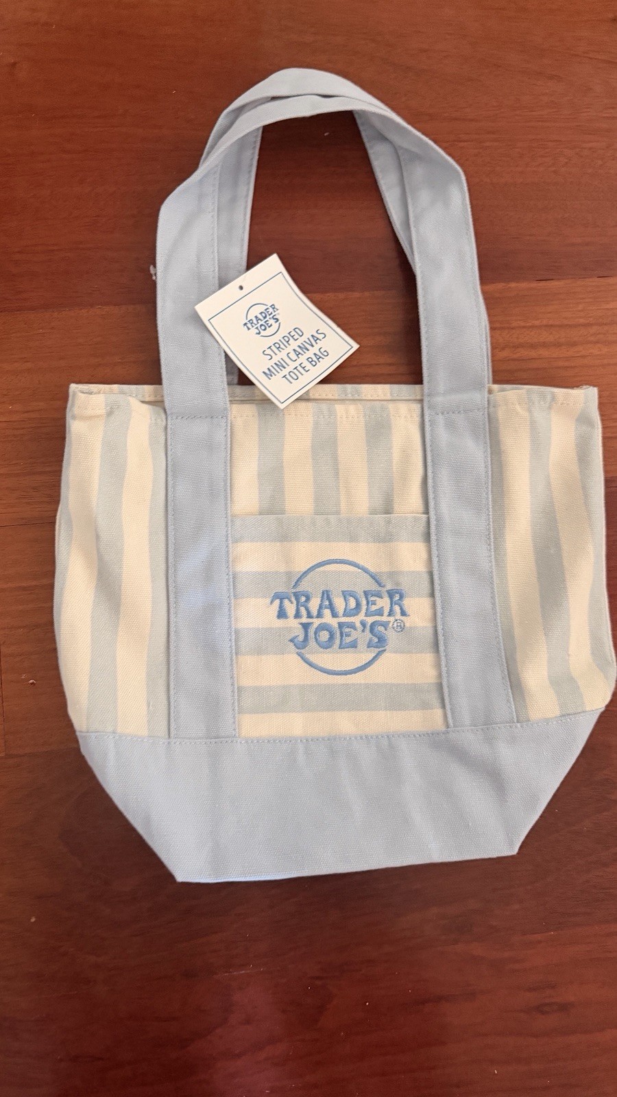 Trader Joe’s Striped Mini Tote Bag Blue/White Logo Inner Pockets Open Top
