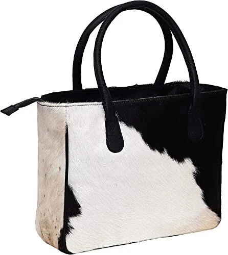 Sbecta Leather Cowhide Hair On Leather Tote Bag Black White Shoulder Handbag
