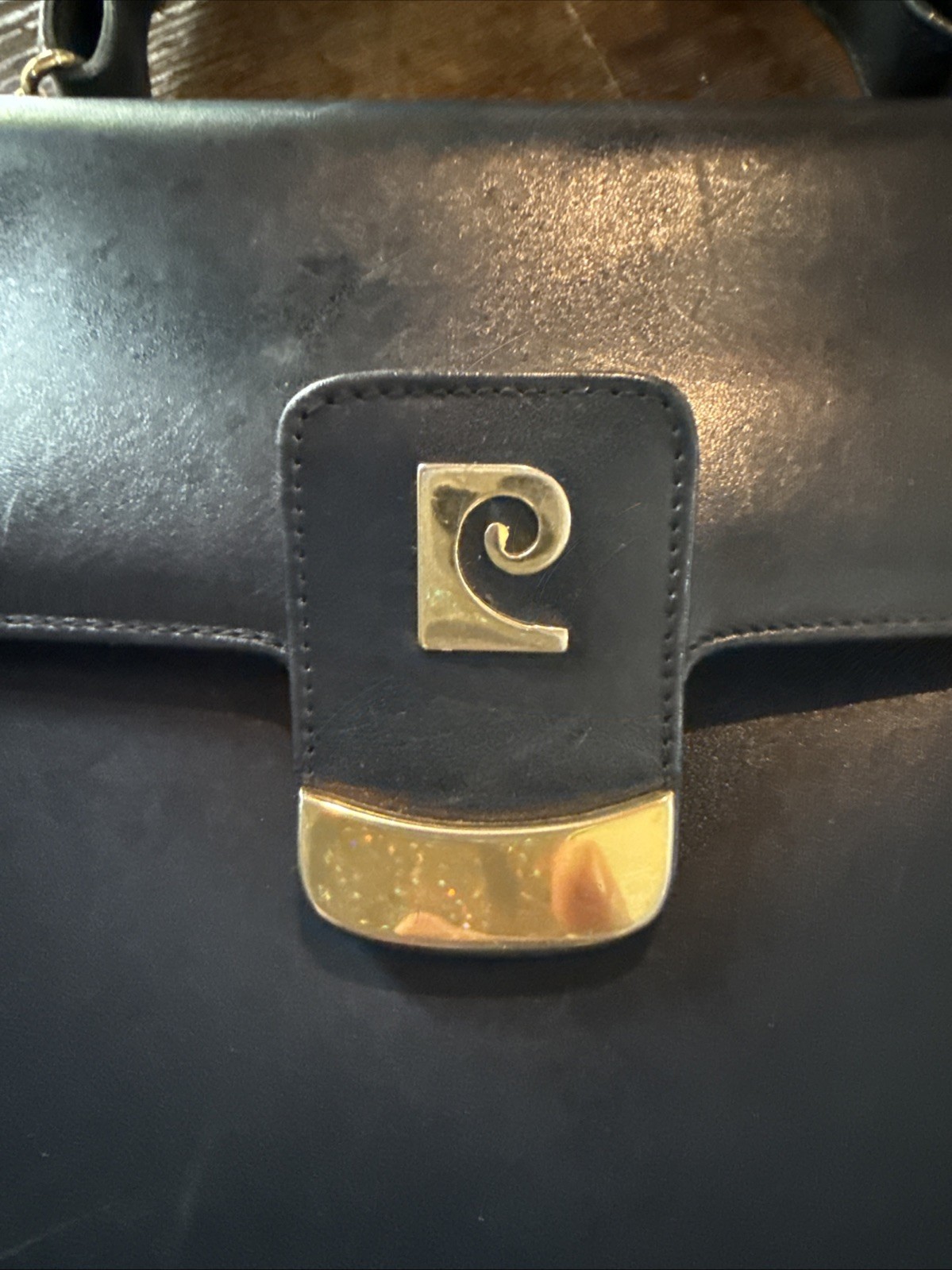 Vintage Pierre Cardin Navy Blue Leather Top Handle Handbag 11″x8″