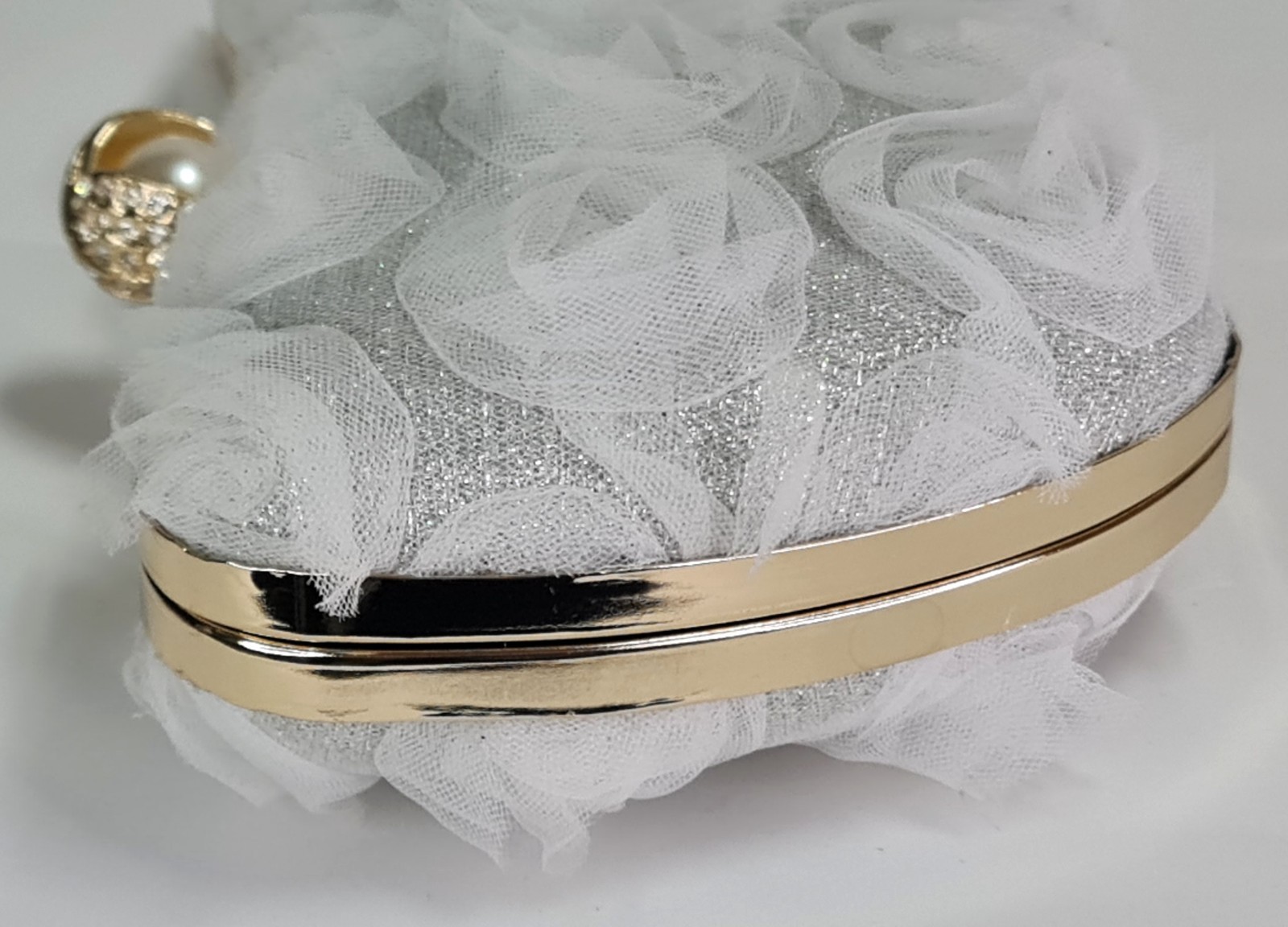 White Floral Evening Clutch Rose Bridal Wedding Purse Pearl Crystal Chain Bag