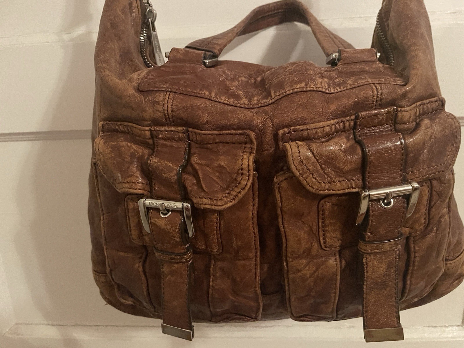 Michael Kors Brown Distressed Shoulder Bag, Zip, Buckle/Logo, Charm, Pockets