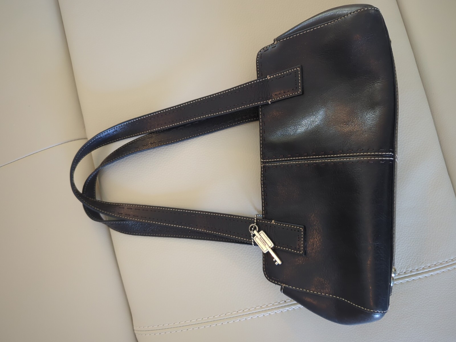 Fossil Black Leather “1954” Style Baguette Purse 12in longx 5in Tallx 4in Wide