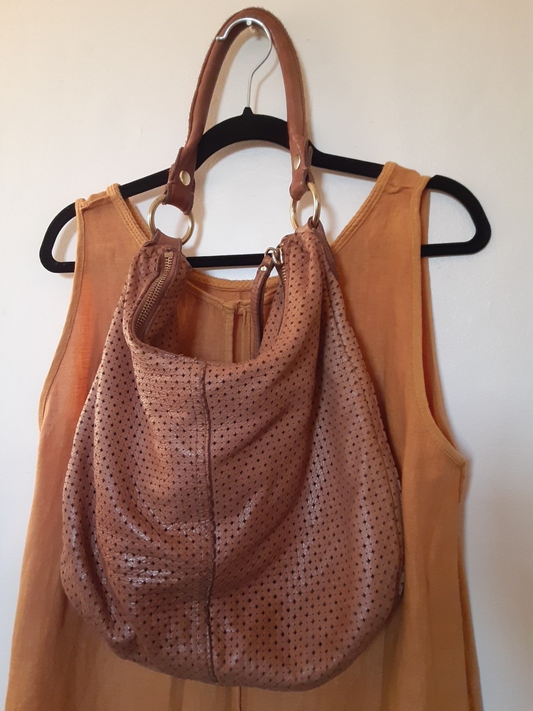 Linea Pelle Collection Hobo Tan Beige Leather Large Shoulder Handbag Perforation