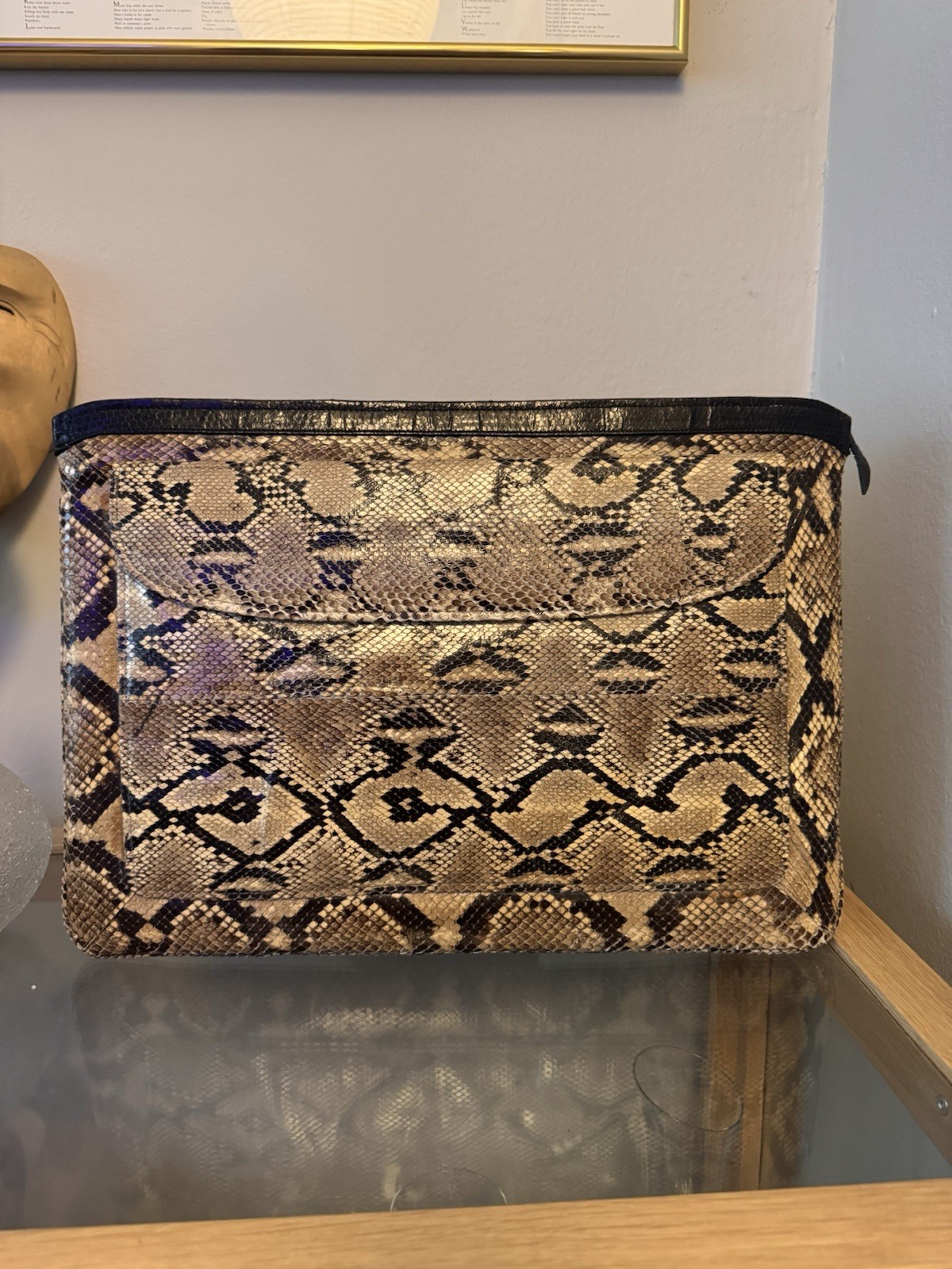 Vintage Oversized Genuine Snake Skin Zip Clutch Beige/Black with Black Lining