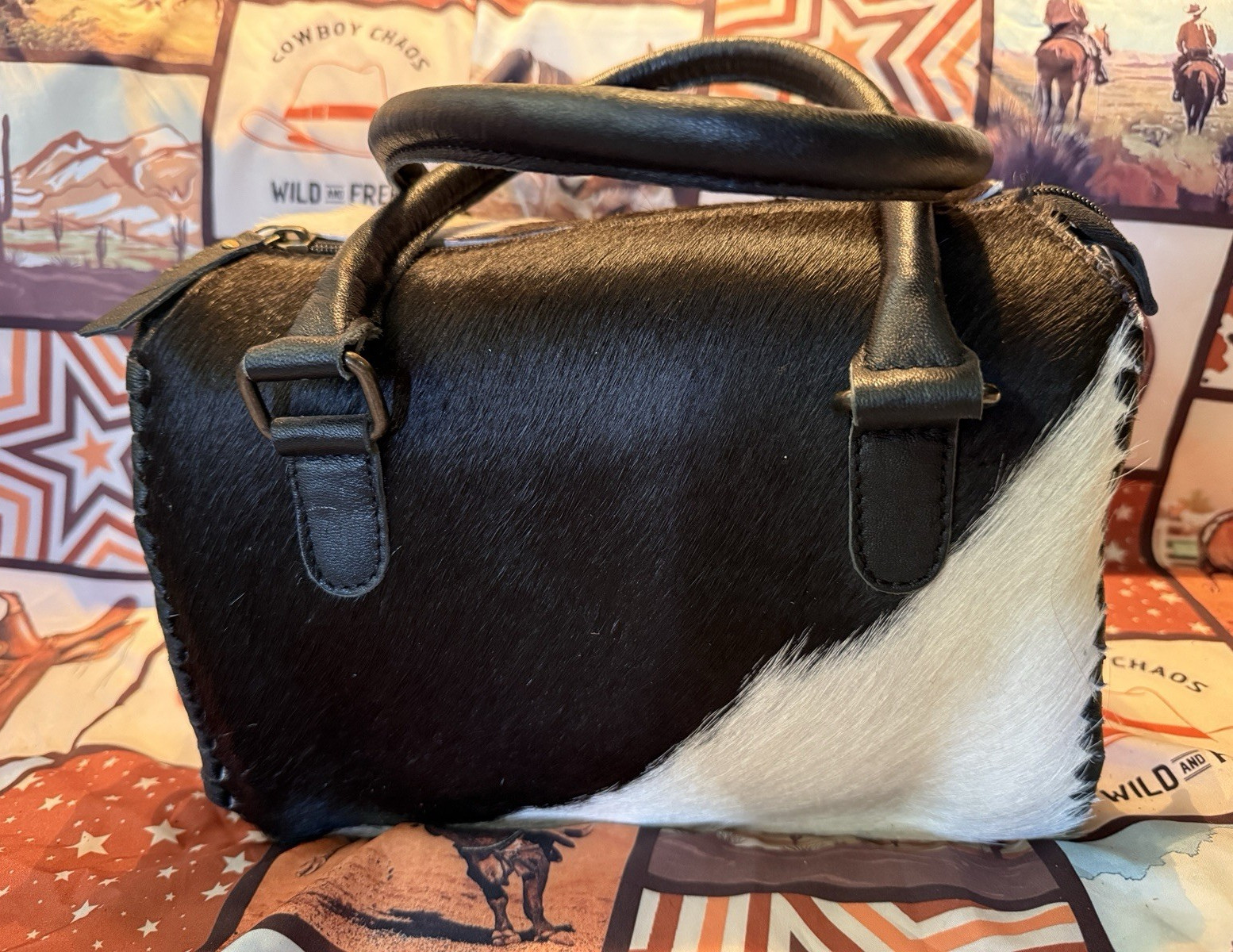 Black White Colorblock cow hid Satchel Top Handle Zip Closure Zipper speedy