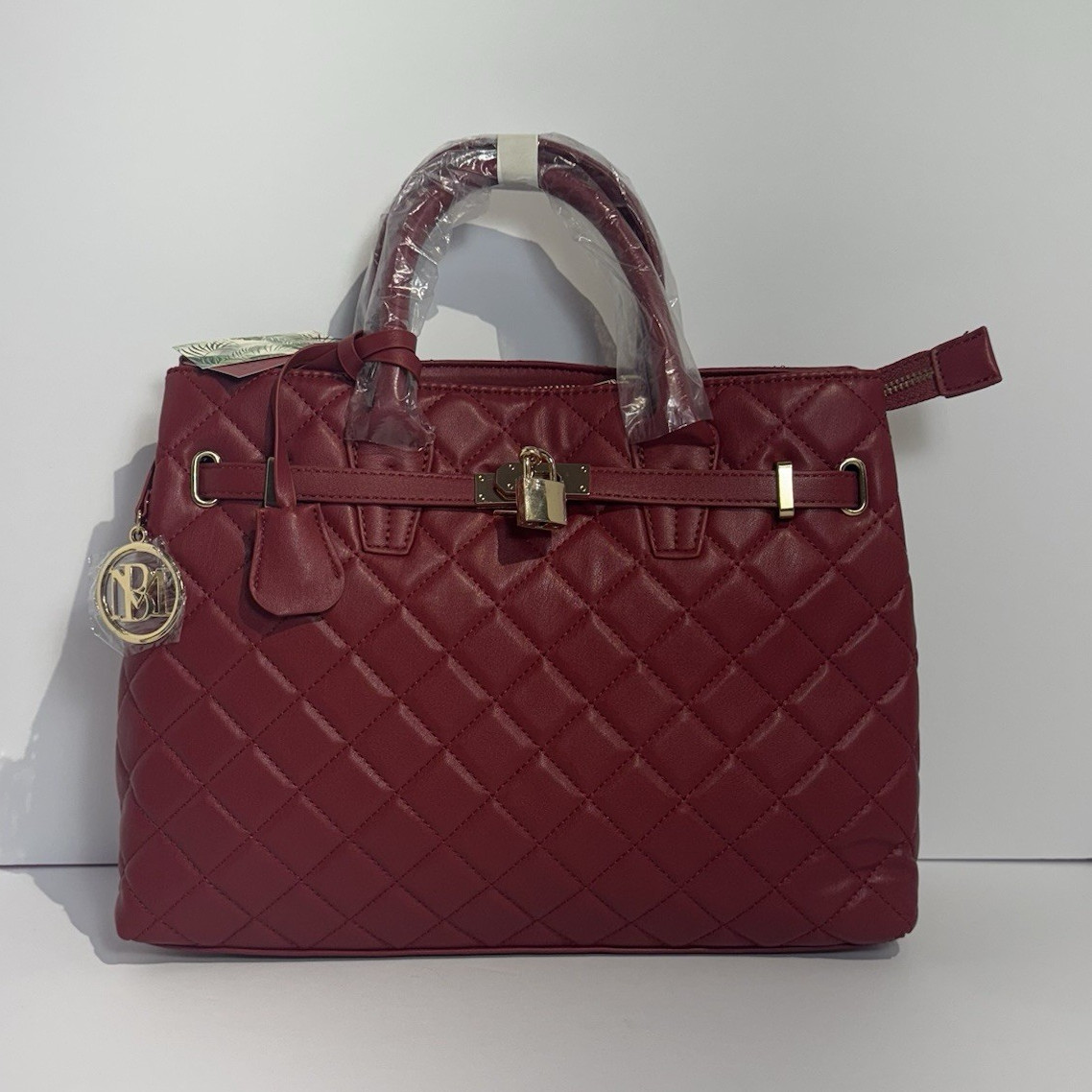 Badgley Mischka Quilted Satchel Bag Burgundy Red Padlock Tote Purse NWT