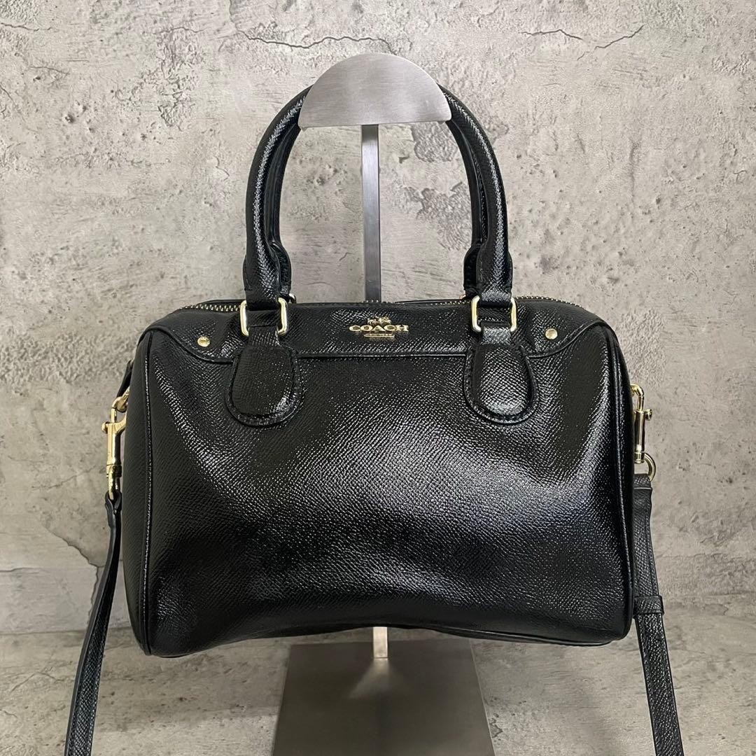 COACH Mini Boston Leather Shoulder Bag Black 18cm x 22cm x 12cm Diameter 100cm A