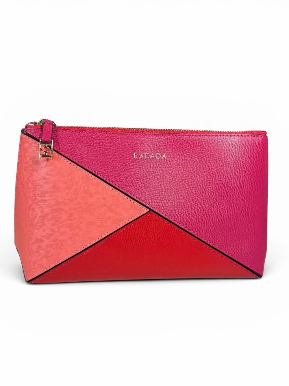 Escada Made in Italy Saffiano Leather Colorblock Maxi Clutch Pink Coral Red