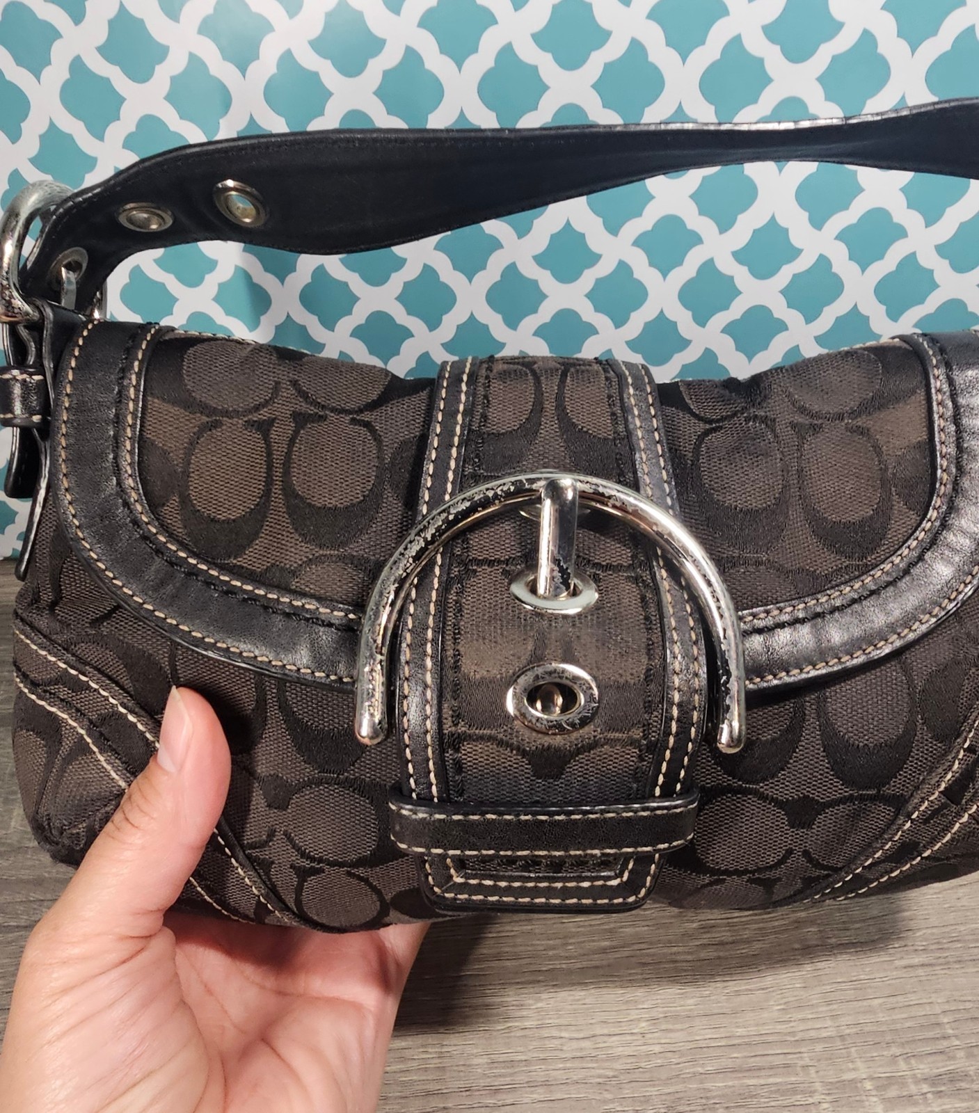 Coach Soho mini flap shoulder Signature C Jacquard bag black silver Hardware