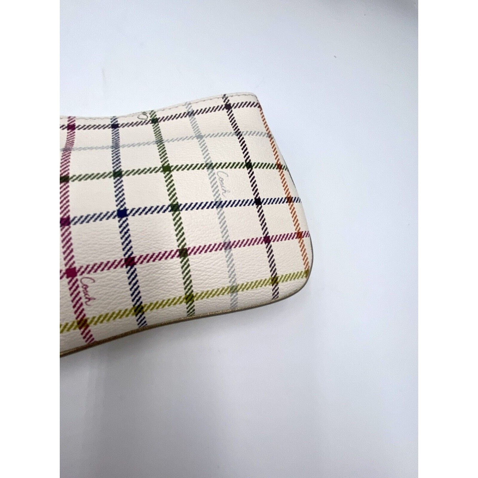 Coach Peyton Heritage Multicolor Tattersall Logo Script Wristlet Pouch