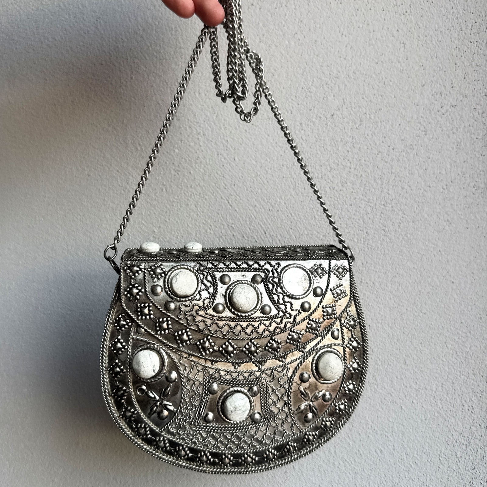 Vintage Afghan Kuchi Silver Metal Bag Tribal Boho Ethnic Chain Purse Rare