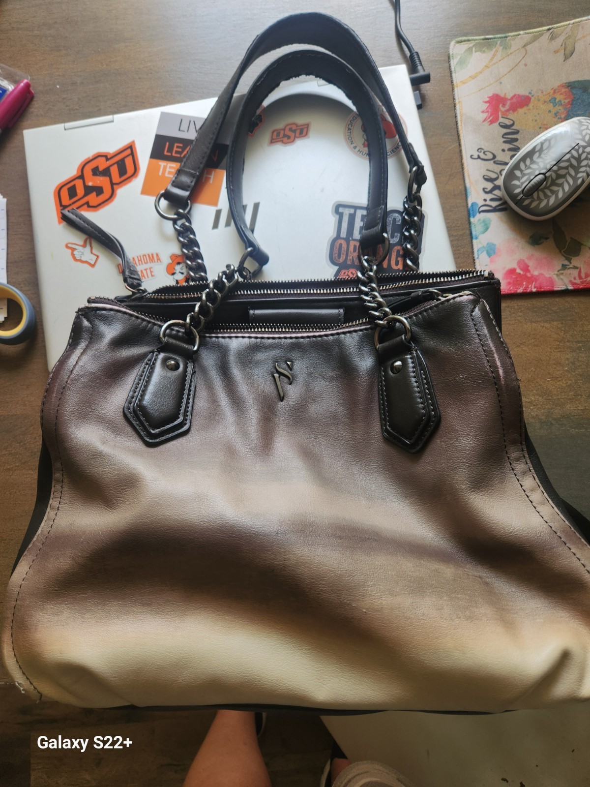 Simply Vera Vera Wang Brown/Black Satchel Top Handle Bag Chain Handles Multi Zip