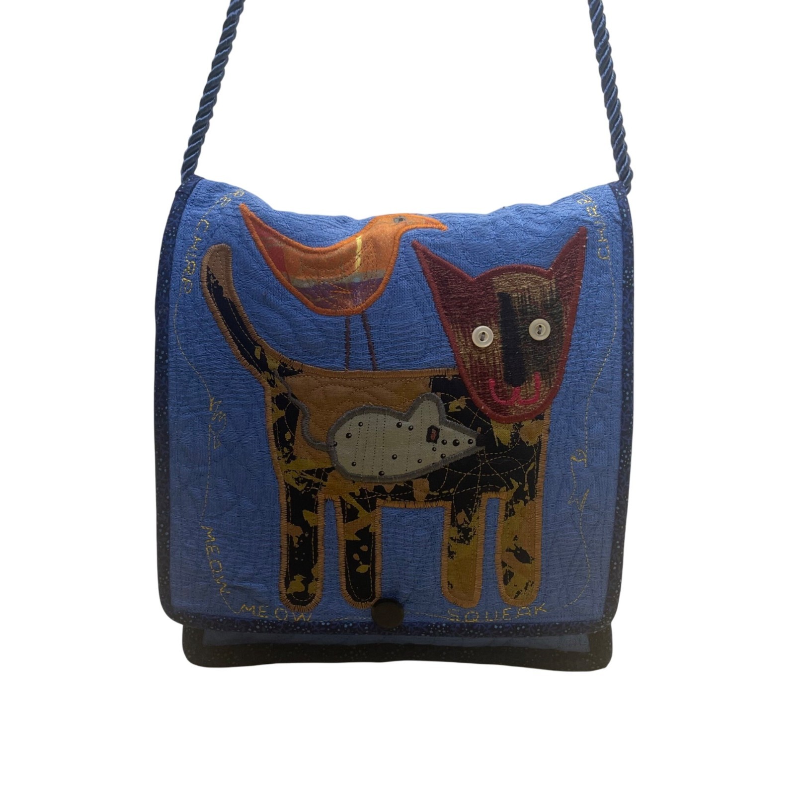 Whimsical Handcrafted Blue Cat Bird & Mouse Applique Quilted Crossbody Bag