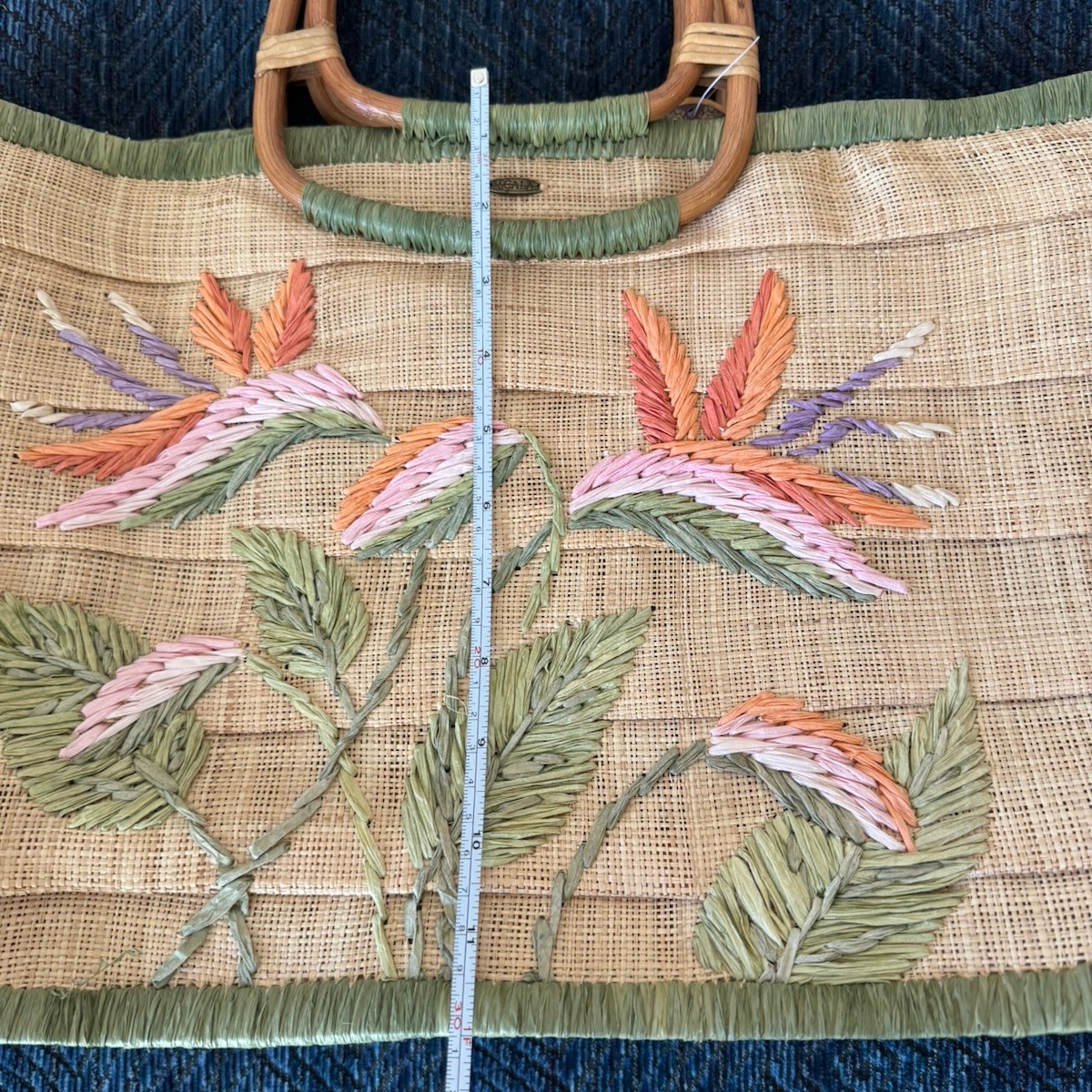 Scala NWT 100% Straw Handbag Flower Bamboo Handle Bohemian Vacation