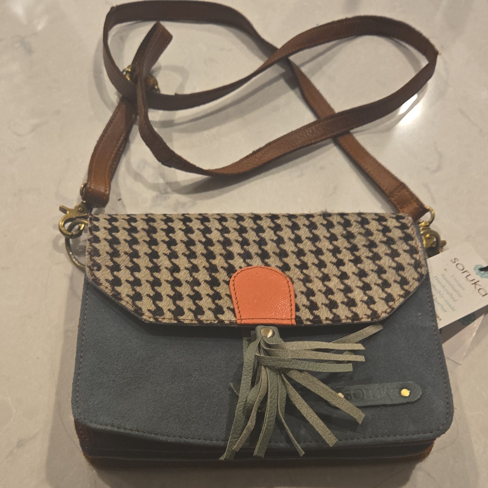 Soruka Handmade Recycled Leather Multicolor Houndstooth Tassel Shoulder Bag