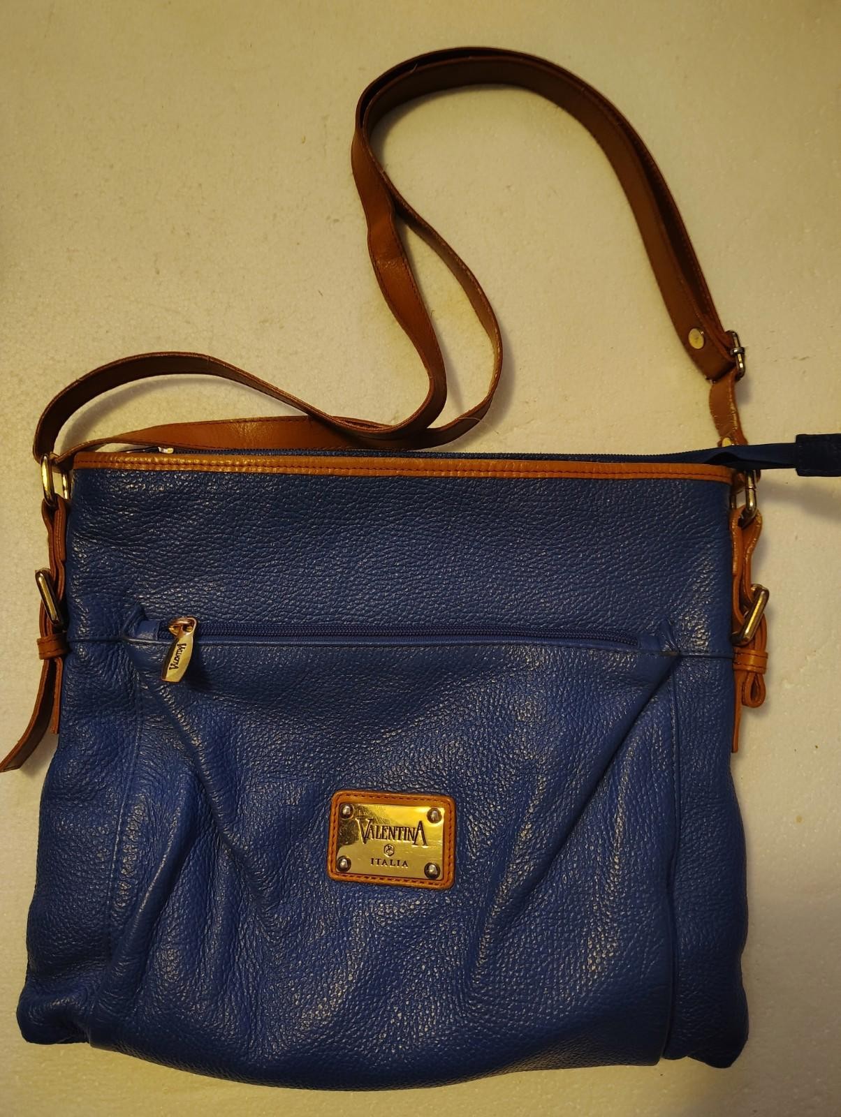 Valentina Italian blue and tan pebbled leather crossbody bag made in Italy