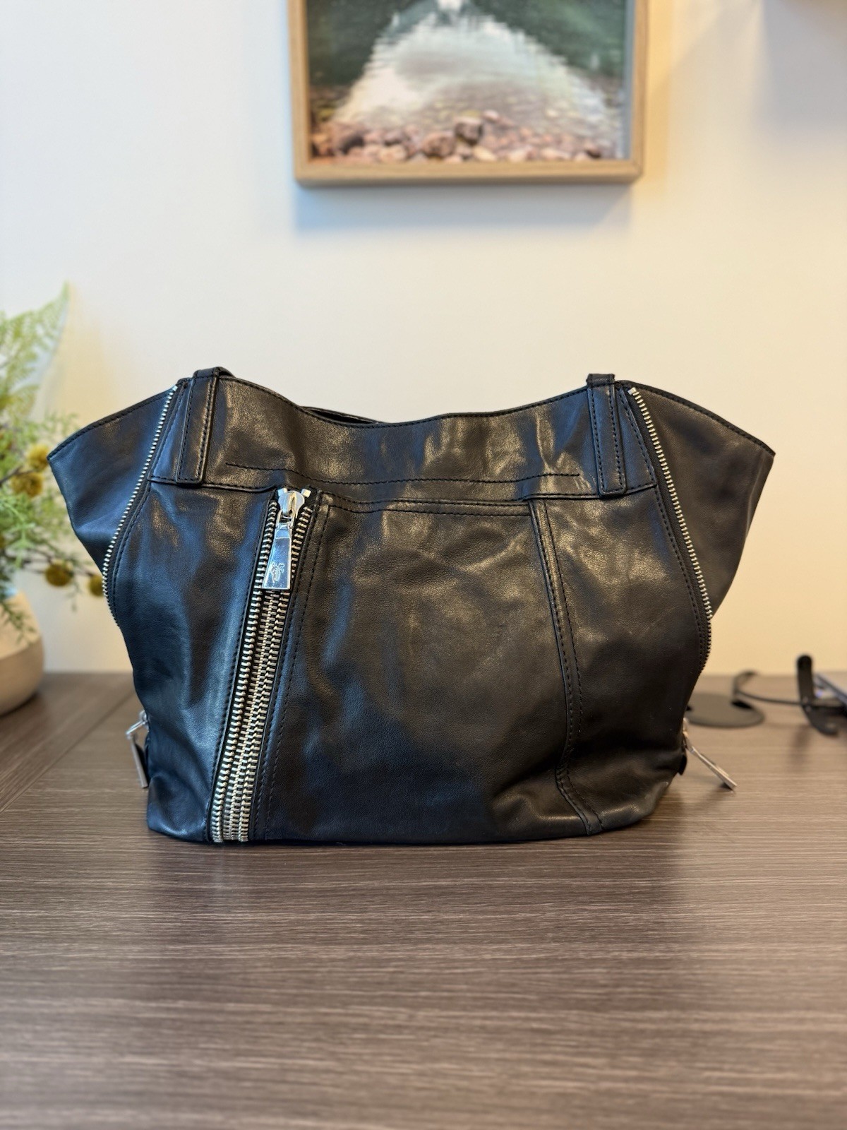 Frye Lena Leather Black Shoulder Bag | Silver Zip & Magnetic Closure Pockets