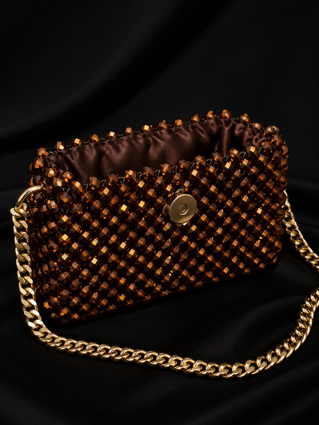 Handmade Brown Crystal Beaded Evening Bag Gold Chain Clutch Crossbody Purse
