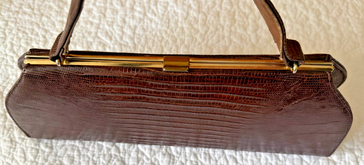 Vintage Genuine Lizard Skin Handbag Top Handle 12.5” Tan Interior 1950s/60s