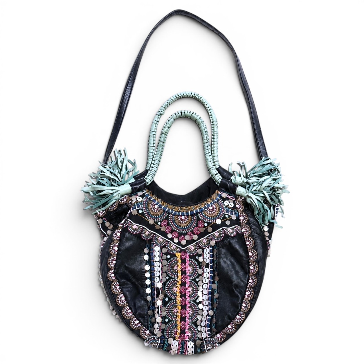 Holy Cow Ricki Designs Large Beaded Leather Hobo Bag Boho Western Fringe