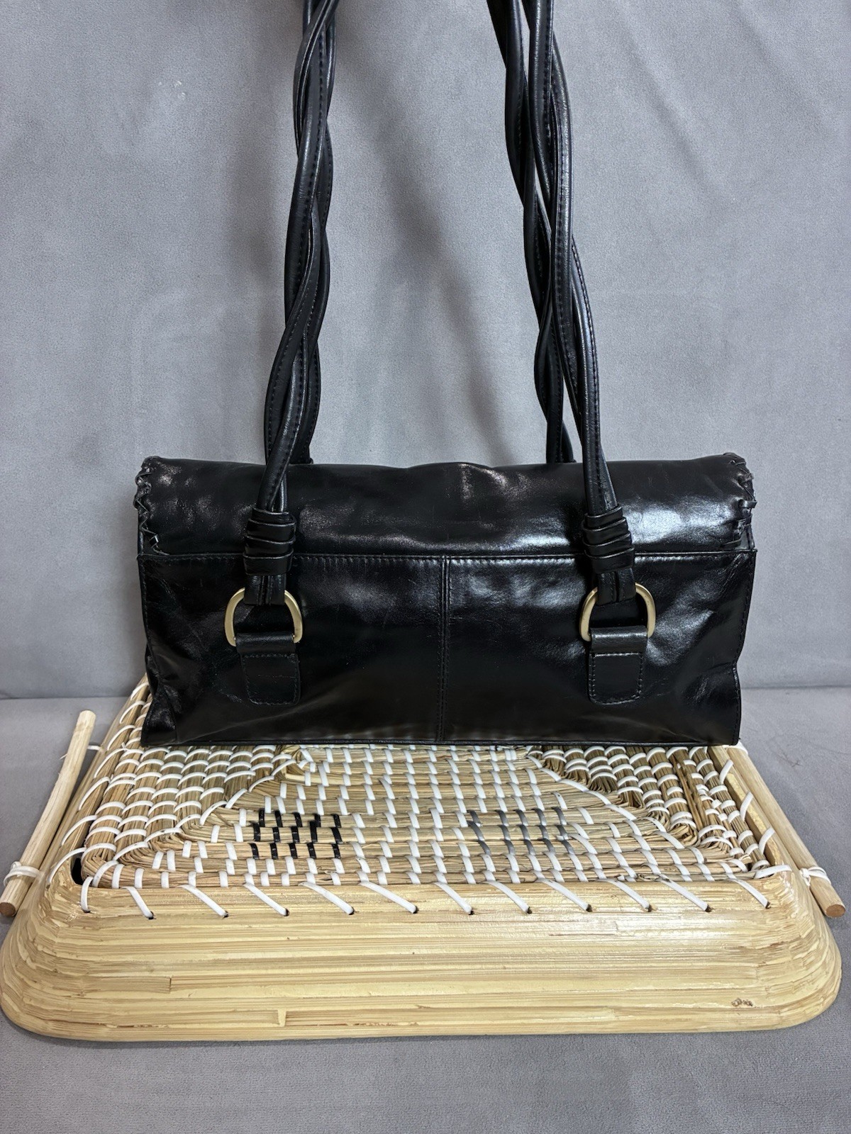 Worthington Black Genuine Leather Shoulder Bag Braided Strap Flap Handbag