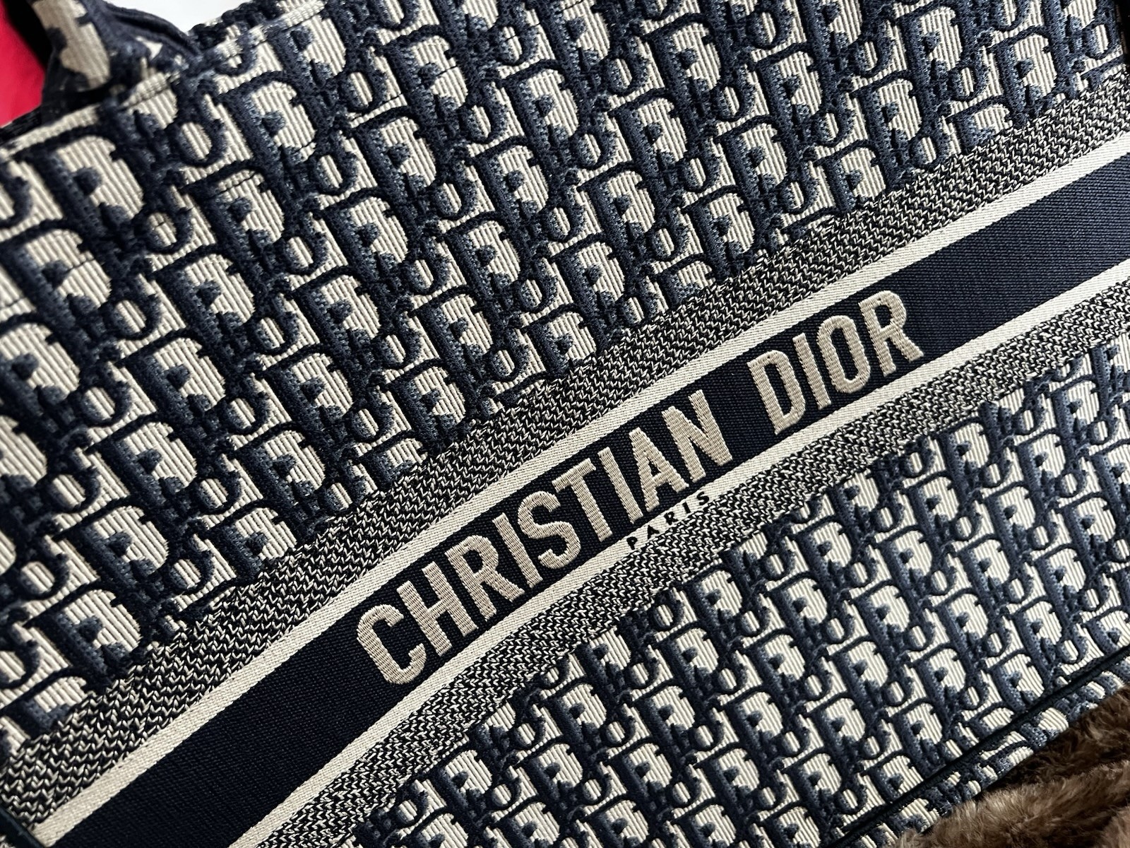 Dior Navy Monogram Tote Bag Logo Accents Open Top Double Handles