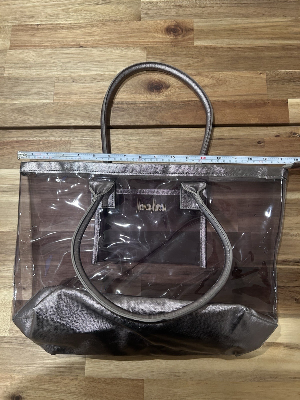 Neiman Marcus Clear PVC Metallic Tote Bag With Zipper And Inner Pouch NEW