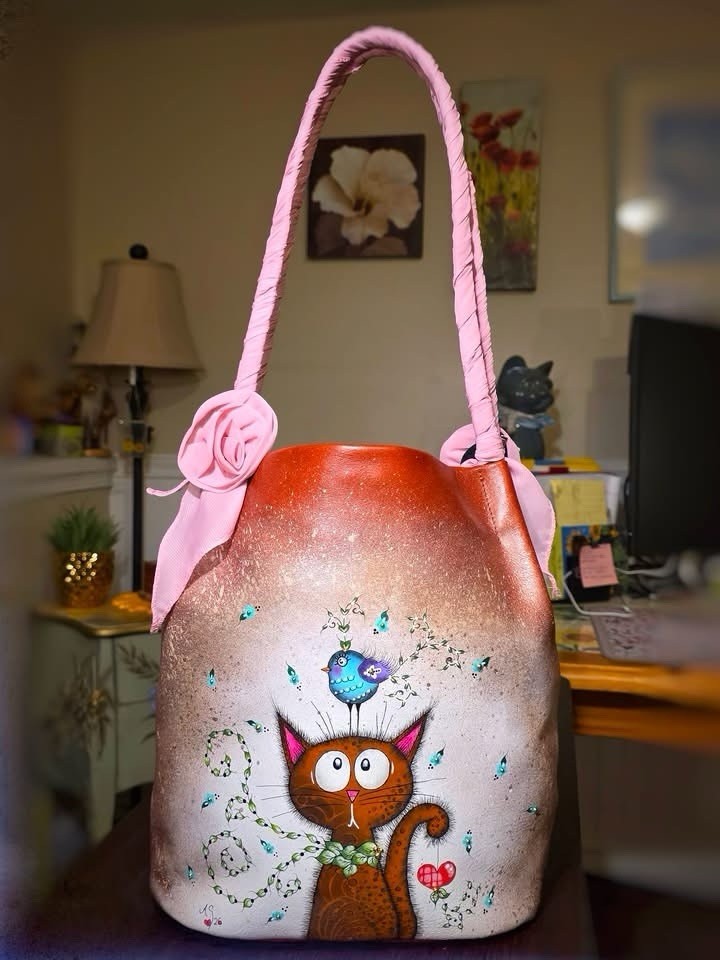 Whimsical Painted Leather Shoulder Tote Bag Purse Handbag