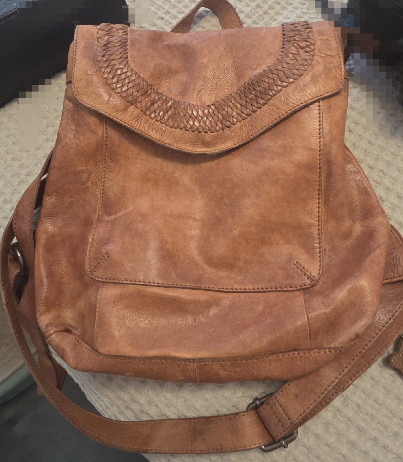 Brown Medium Backpack Braided Flap Multiple Pockets Button & Zip Lined Strap