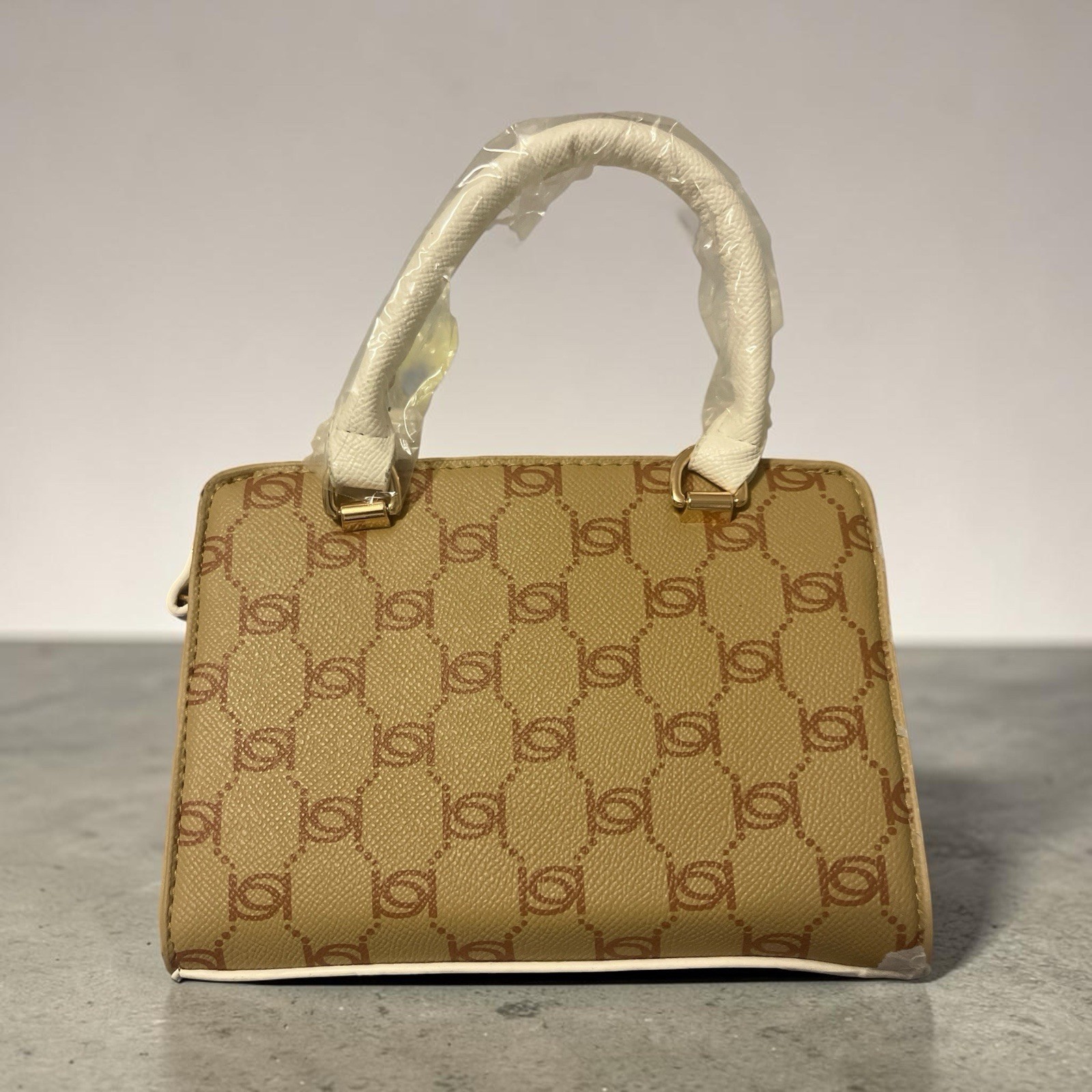 bebe Almond/White Monogram Small Crossbody Bag, Double Handles, Zip, Gold